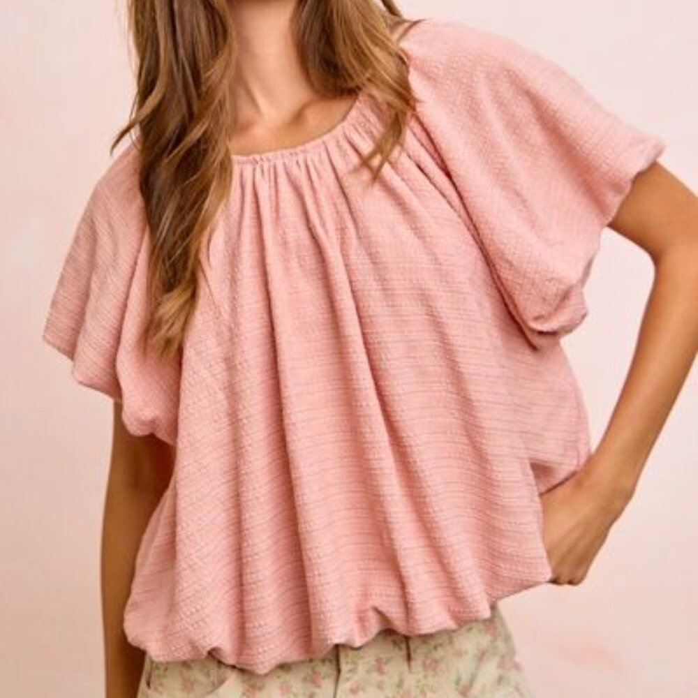 BiBi Stripes Textured Shirred Neckline Bubble Hem Top